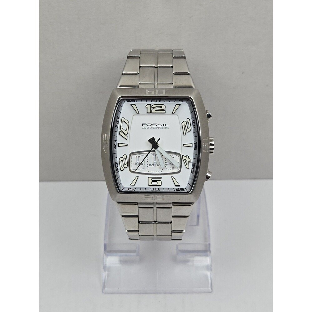 Mens Fossil 41mm Chrono Silver Watch Stainless Steel White Dial 100M New Battery